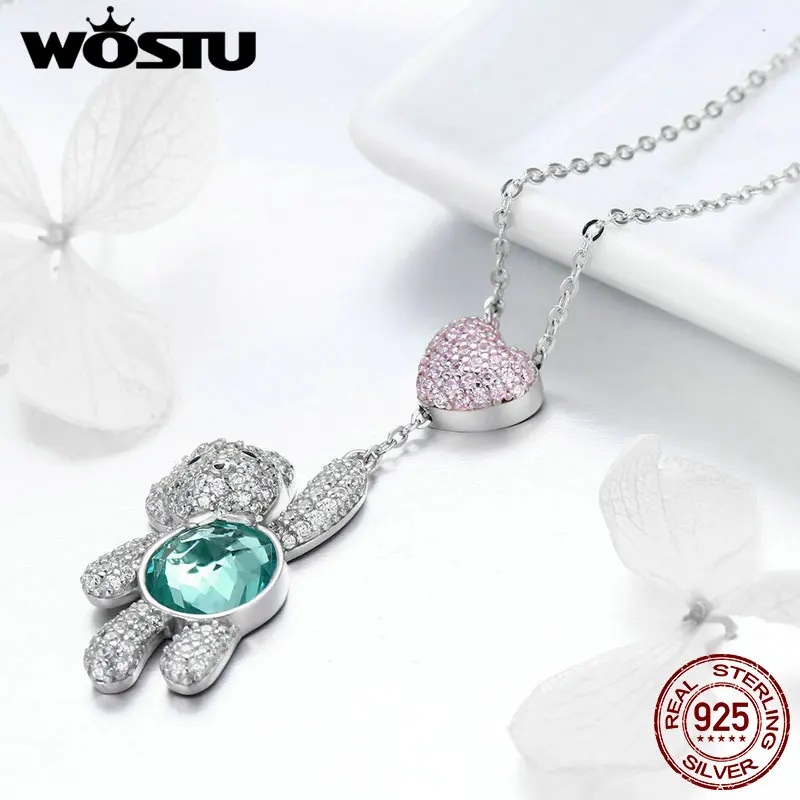 WOSTU высокое качество 925 пробы серебро ослепительные медведи и чокер с подвеской в форме сердца ожерелье для женщин девочек ювелирные украшения подарок CQN271