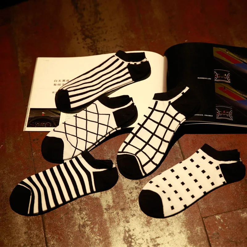 Модные черные и белые мужские летние легкие носки в полоску клетчатые хлопковые