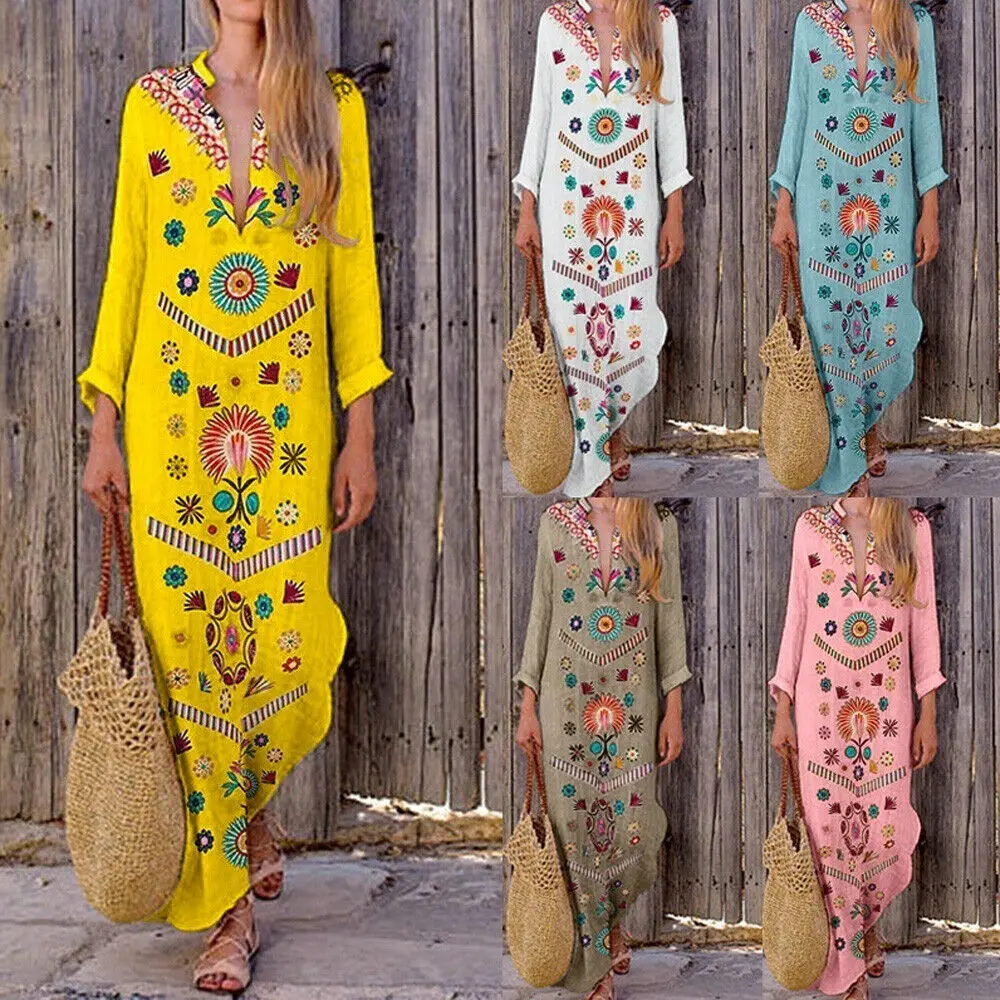 Новинка 2019 винтажное Женское Платье макси с цветочным рисунком богемный пляжный