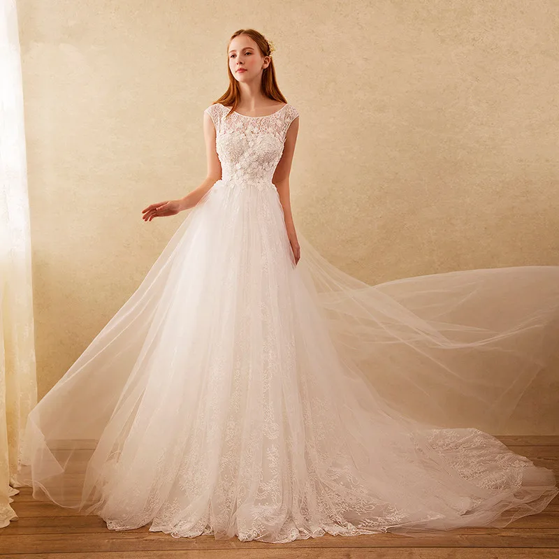 Новый Прибыл Элегантный Кружева Аппликации Линия Тюль Суд Поезд халат Де Mariage