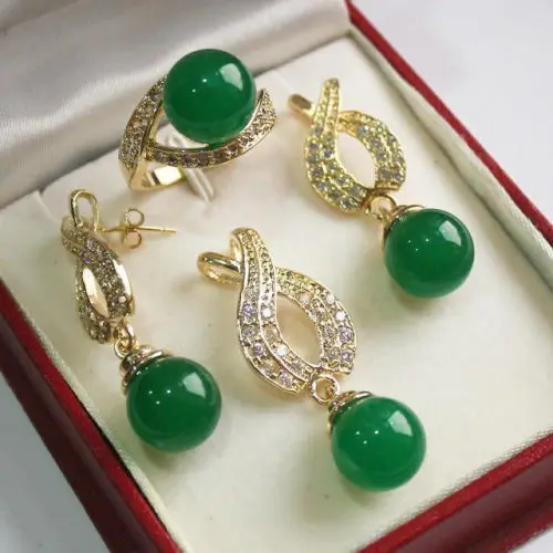 

new 12mm Green jade Pendant Necklace Earrings Ring set AA