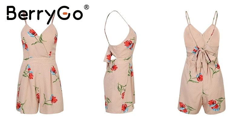 BerryGo, бохо на бретелях, v-образный вырез, принт, сексуальный комбинезон, комбинезон, открытая спина, бант, короткий комбинезон, женский, плиссированный, Сплит, Повседневный, летний, пляжный костюм