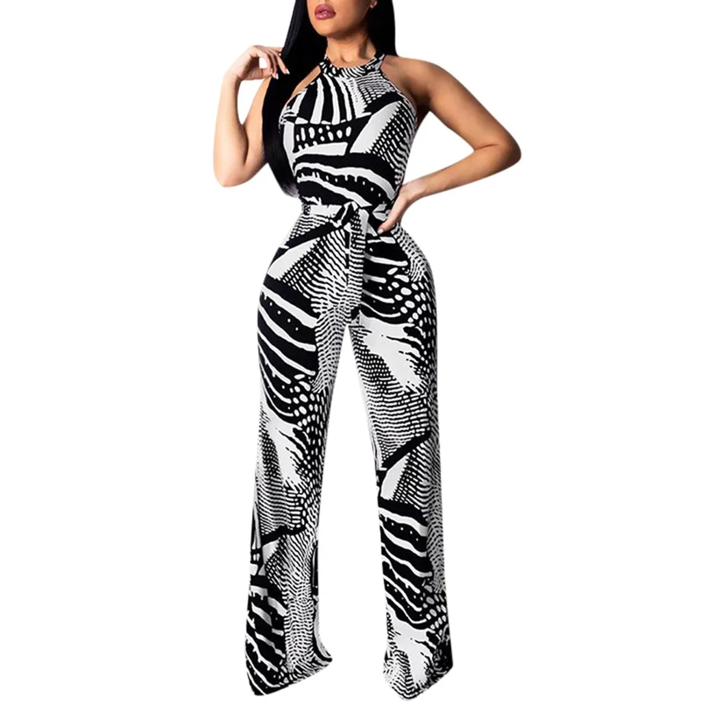 Черный Back Halter snakeskin Print Jumpsuits Women's Sleeveless Suspender height waist Wide Legs Rompers party Bodycon sexy Trousers - Цвет: Черный