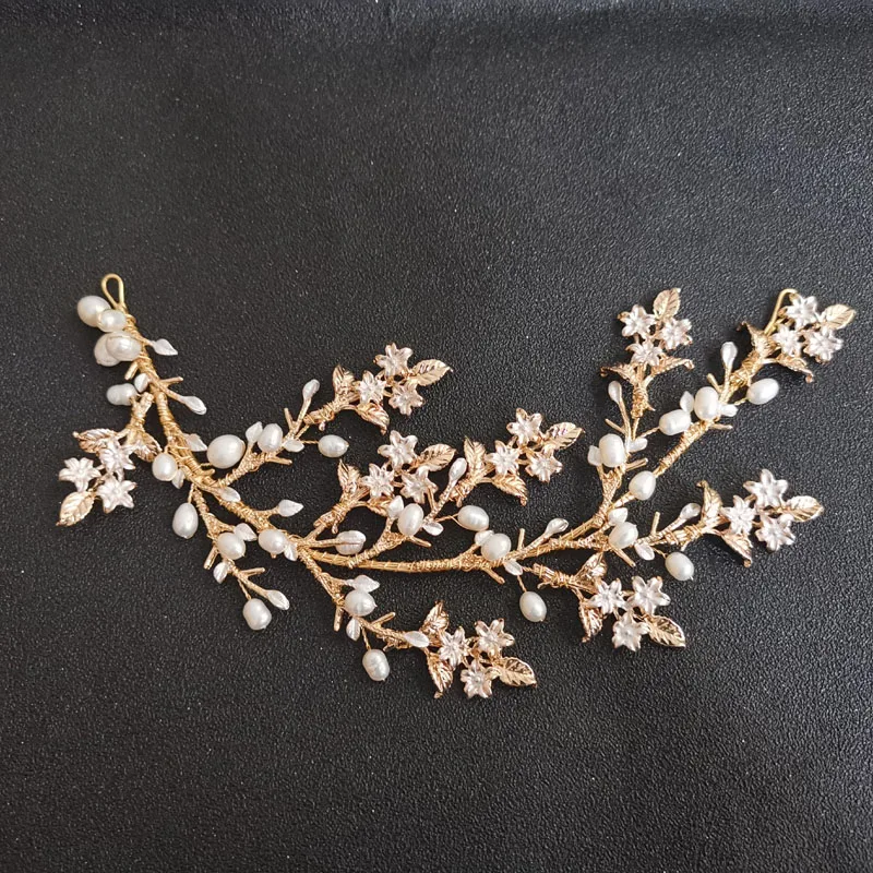 SLBRIDAL Золотые кристаллы стразы пресноводный жемчуг ветка цветок Свадебная Тиара