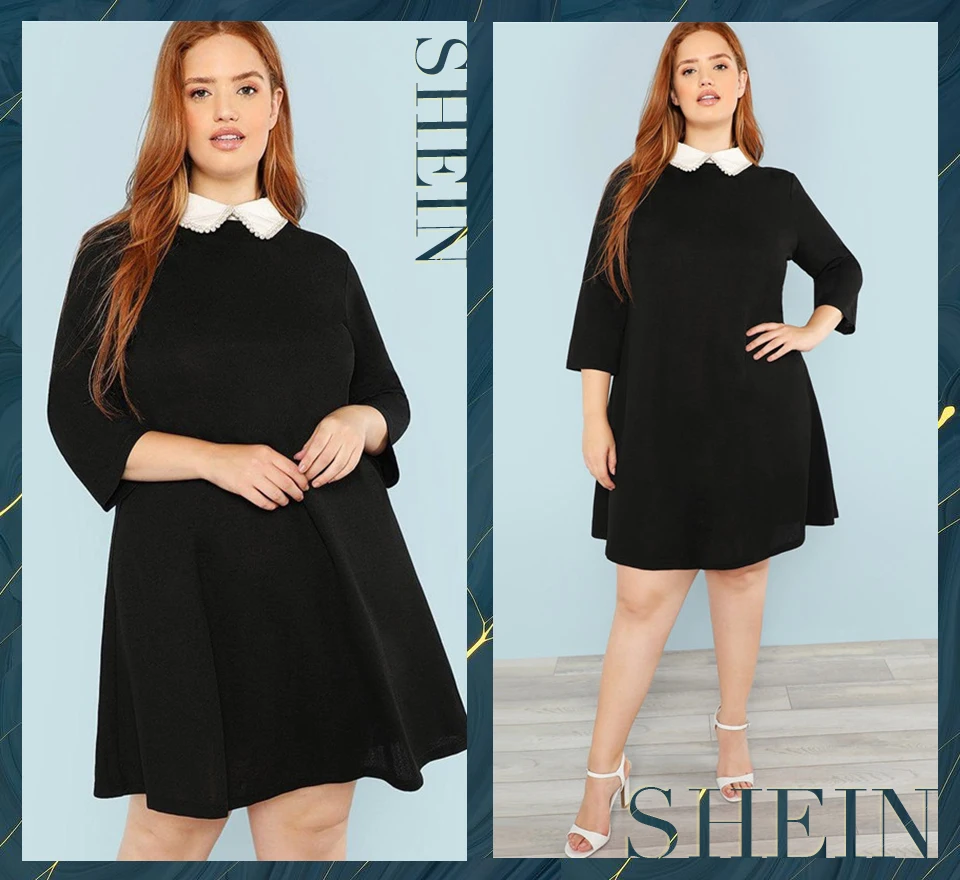 SHEIN Контрастное Платье С Бусинами Размера Плюс, Офисное Платье С Длинным Рукавом А-Силуэта