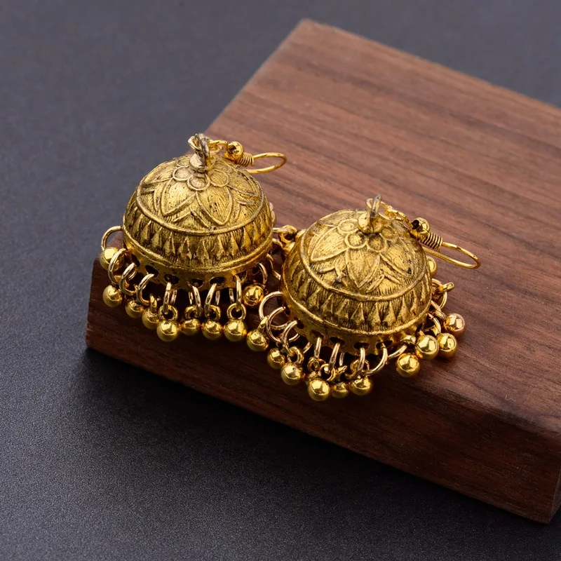 TopHanqi ретро этнические индийские Jhumka Jhumki серьги Femme античный золотистый гравированный Лотос Фонарь Висячие серьги для женщин ювелирные изделия