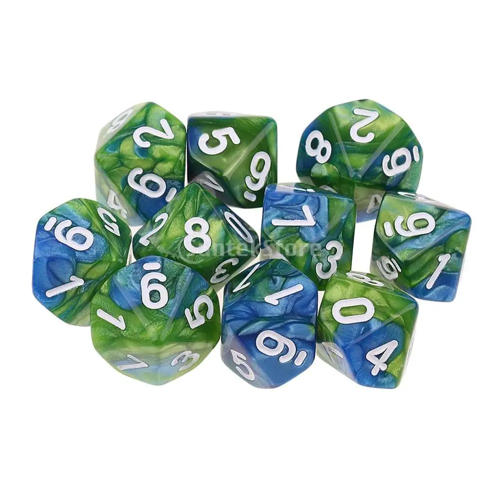 Green Blue 10 шт. 10 сторонние D10 цветные многогранные кости двухцветные кости для подземелий и драконов РГП MTG настольные игры Аксессуары для настольной игры - Цвет: Green Blue