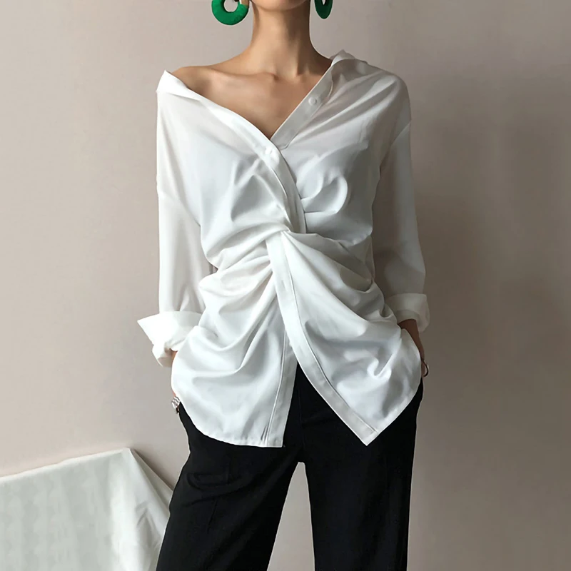 CamKemsey, повседневные белые женские блузки, рубашки, весна-осень, с длинным рукавом, с перекрещивающимся узлом, свободные, с открытыми плечами, хлопковые блузки