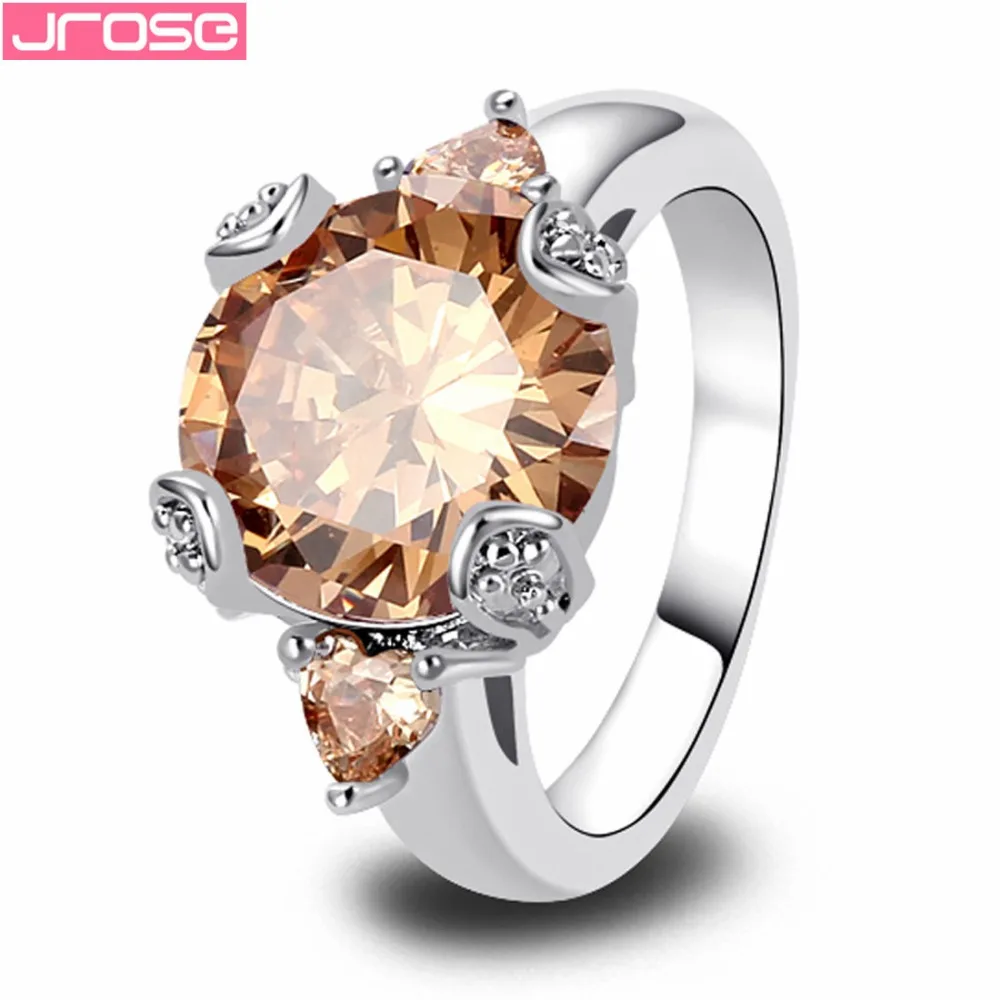

JROSE Wholesale Fashion Jewelry Round Cut Morganite Silver Color Champagne Ring Size 6 7 8 9 10 11 Wedding Gift Free Shipping