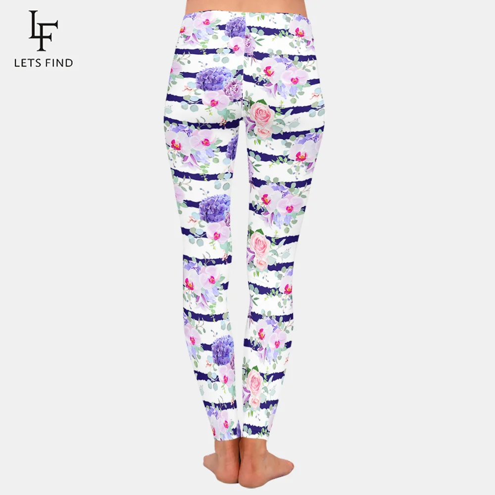 

Blue and White Stripes Floral Rose Comfortable Leggings Women Fashion Polyester High Quality Ankle-length Plus Size Leggings