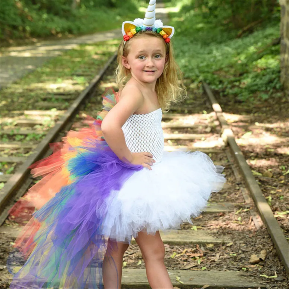 

Tulle Girls Unicorn Dress with headwear Rainbow Princess Tutu dress for kids Birthday Party Dresses Halloween Unicorn Costume