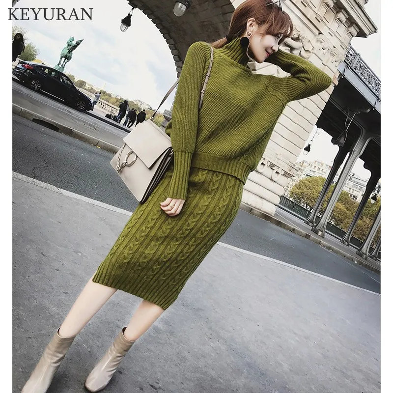 Вязаный женский комплект 2 шт. с длинными рукавами водолазка свитер +