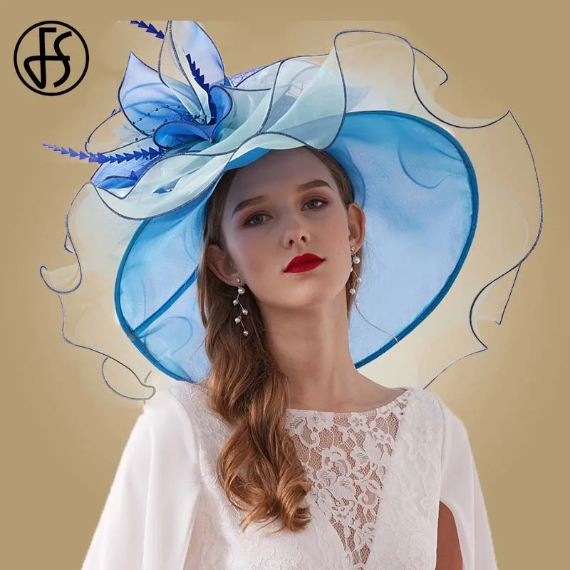 Blue Sun Hat FS элегантные шляпы для женщин Свадебная церковная шляпа черные фетровые шляпы дамы с большими полями большой цветок перо розовые вечерние Кентукки шляпа котелок - Цвет: Blue Sun Hat