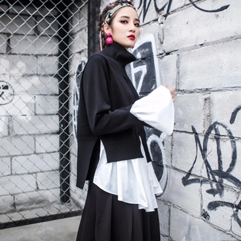 TWOTWINSTYLE Knitting Turtleneck Sweater Womens Flare Sleeve Ruffles Patchwork Draped Irregular Pullover Spring Fashion Harajuku | Женская