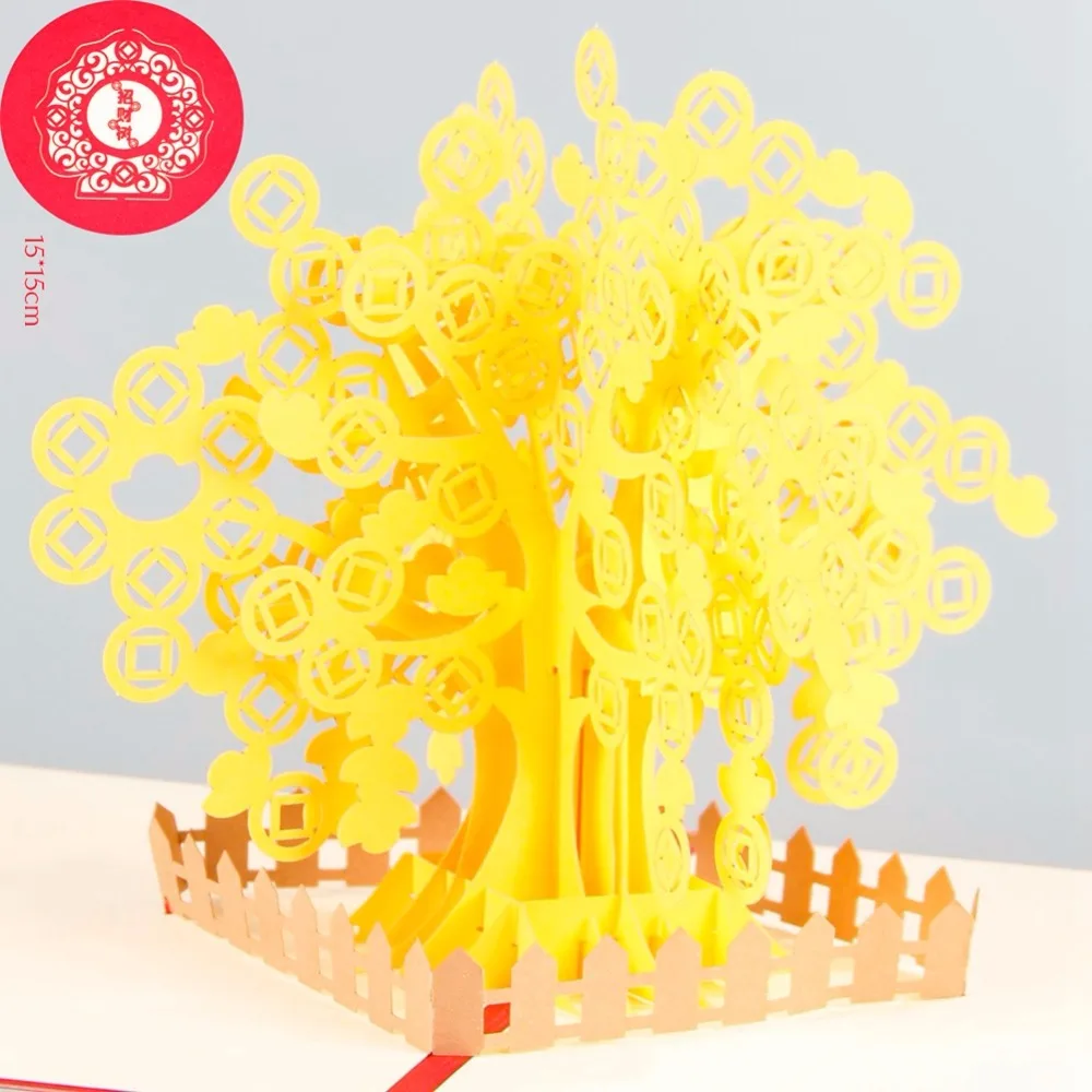 Золотой денежное дерево 3D pop up цветок открытка Новый год лазерной резки открытки