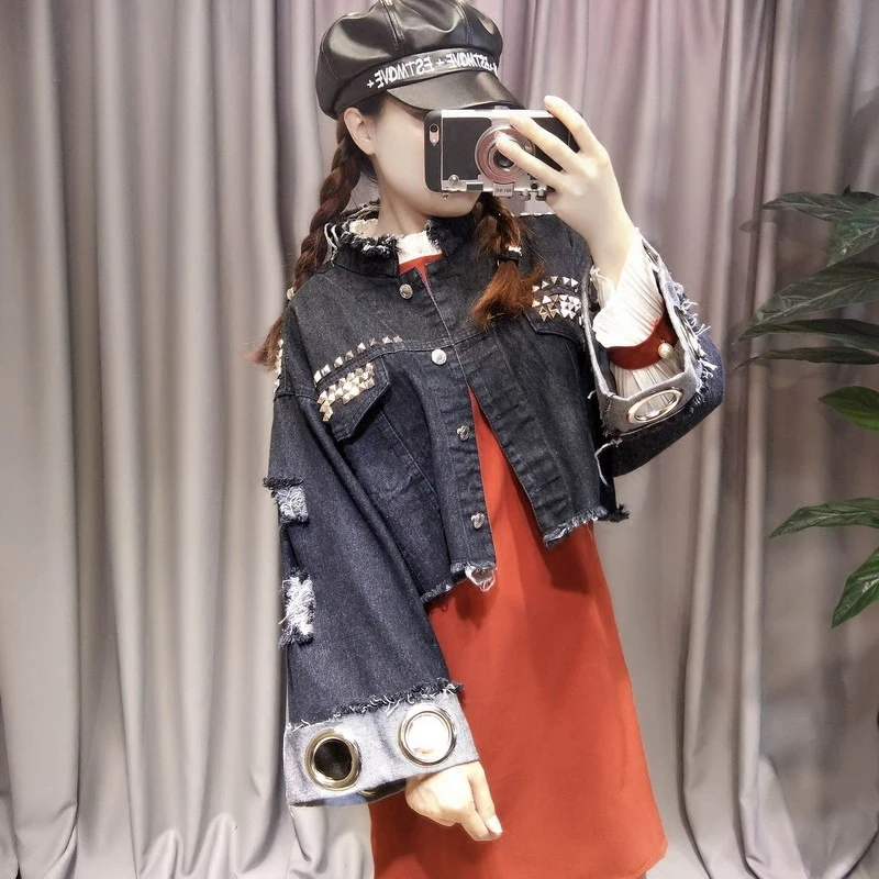 Ручной работы Бисер куртка рипы деталь Boyfriend Denim Куртка хип хоп Harajuku джинсовая