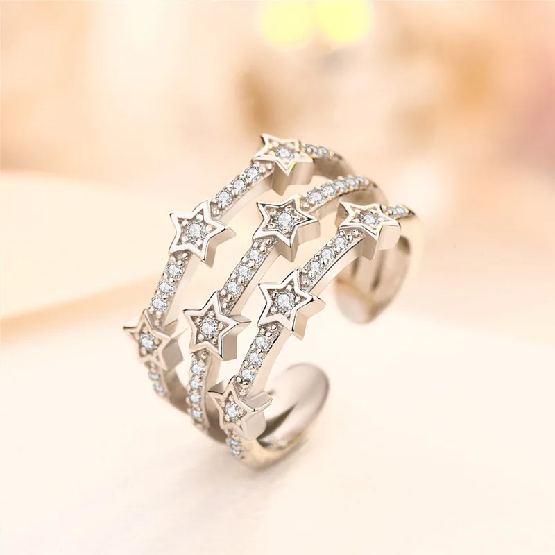 

SIPENGJEL Trendy Brilliant Crystal Zircon Delicate Star Ring Simple Three Layer Rings For Women Girls Wedding Jewelry 2021