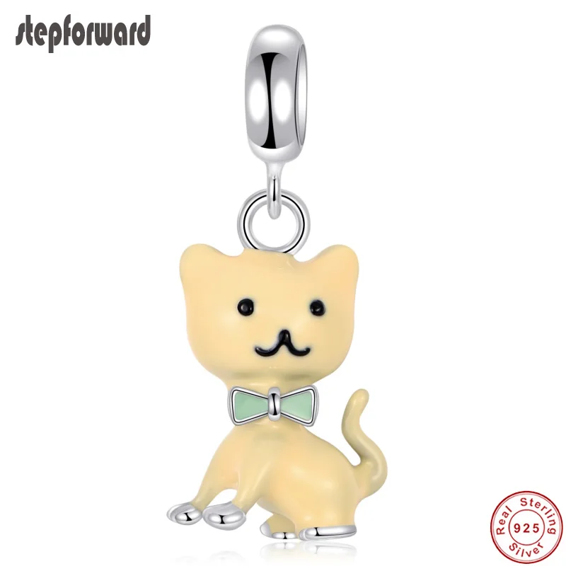 

Новый дизайн 100% 925 стерлингового серебра с котом и желтая эмалированная, с милым рисунком кота, Висячие Шарм подходят оригинальный браслет о...