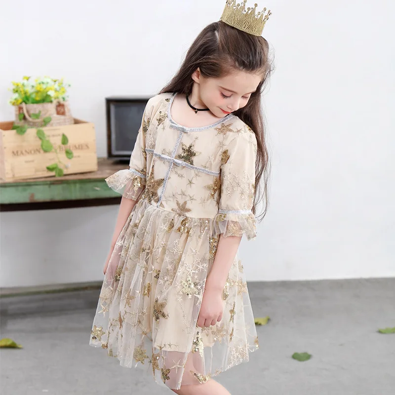 Новинка 2019 осеннее платье с золотым принтом звезд для маленьких девочек бежевое
