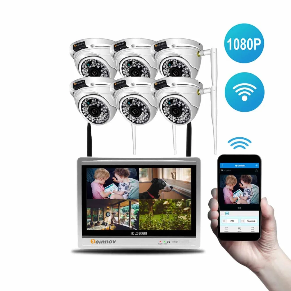 6Ch Camera System Einnov 8CH 2MP комплект видеонаблюдения беспроводная камера безопасности Система видеонаблюдения ip-камера 12 дюймов ЖК NVR комплект открытый купол ИК светильник HD - Цвет: 6Ch Camera System