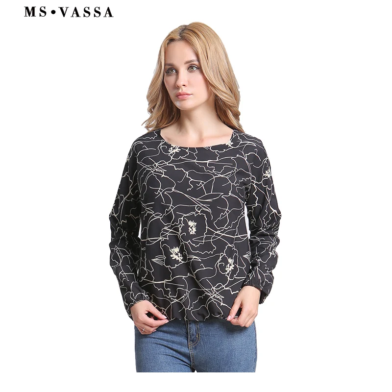 MS VASSA 2018 новый летний Для женщин блузки черный цветочные рубашки с круглым