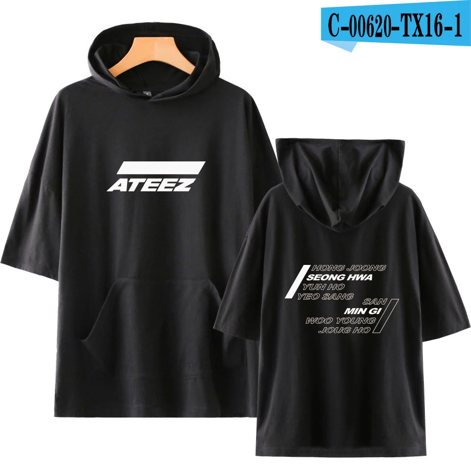 KELUOXIN Лето ATEEZ короткий рукав с капюшоном для женщин и мужчин хлопок свободная футболка Harajuku Хип Хоп популярная футболка ATEEZ Camisetas - Цвет: black