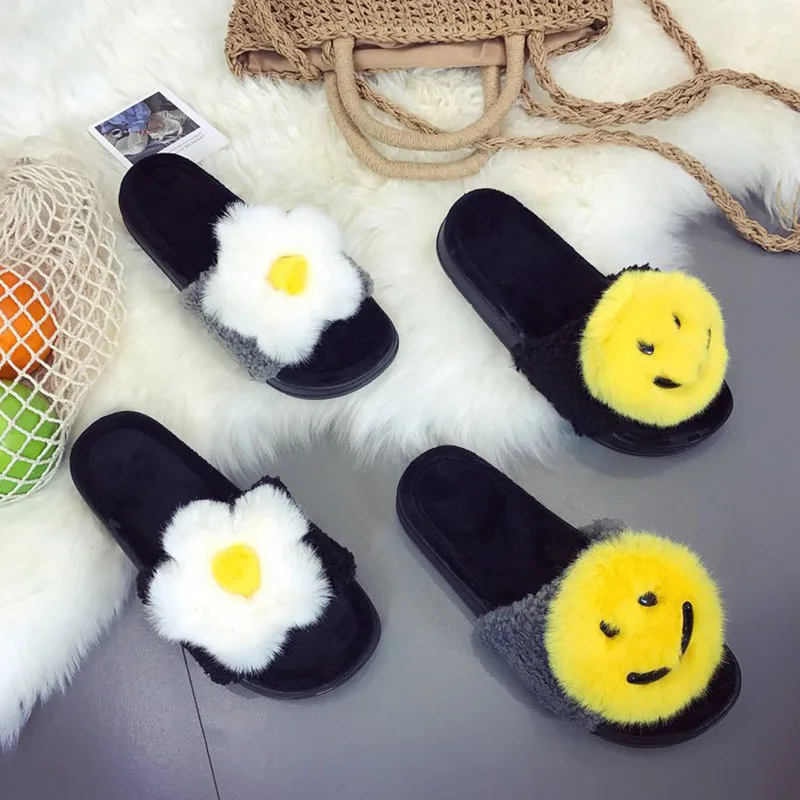 DreamShining New Winter Women's Slippers Cute Flowers Smiling Plush Personalized Cotton Home Shoes | Обувь
