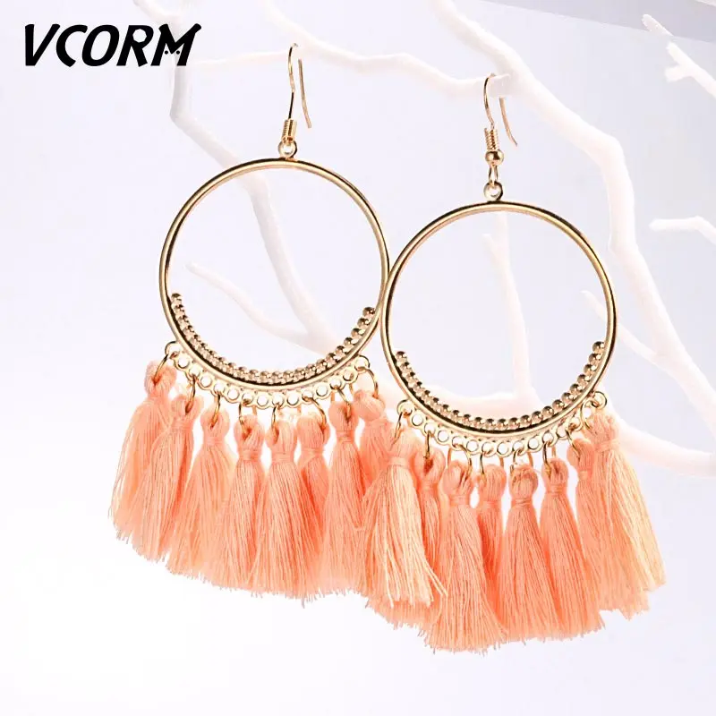 Pink VCORM новые модные богемные серьги с кисточками, большие висячие серьги для женщин, роскошные винтажные длинные висячие серьги с кристаллами, Женские Ювелирные изделия - Окраска металла: Pink