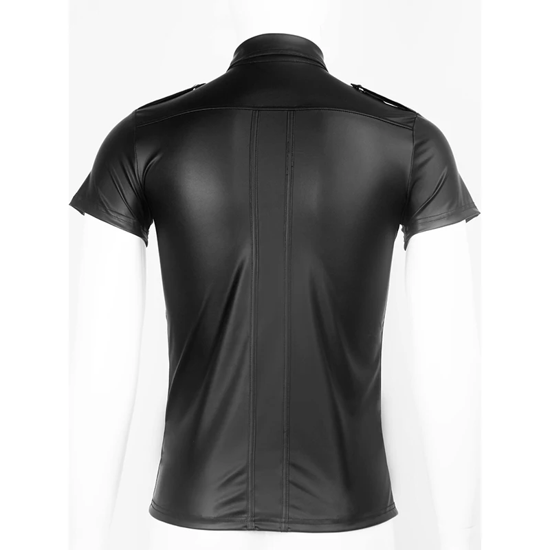 Black Sexy Mens Soft Faux Leather Police Uniform Shirt Tops with Snap Down Collar Plus Size Short Sleeve Clubwear | Мужская одежда