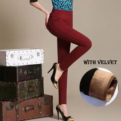 red with velvet Женские Брюки 6XL больших размеров, женские Стрейчевые брюки-карандаш, черные, синие, белые женские офисные брюки, теплые брюки с бархатом - Цвет: red with velvet