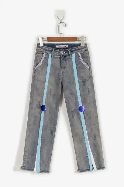 

Jeans 2020 new spring and summer wet pants stripe burrs character woman without elastic thin split pants