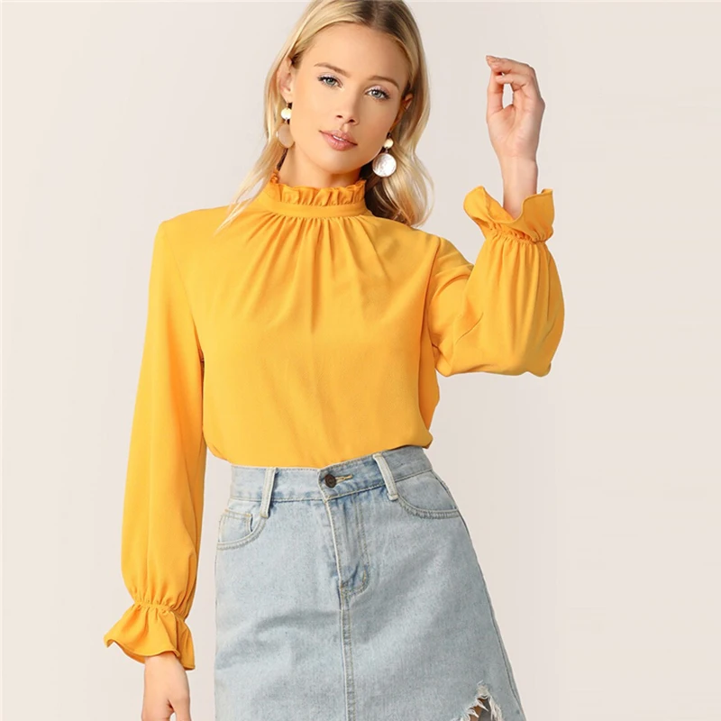 SHEIN модный топ с оборками на шее и манжетах, блузка с длинными рукавами и воротником-стойкой для женщин, весна-осень