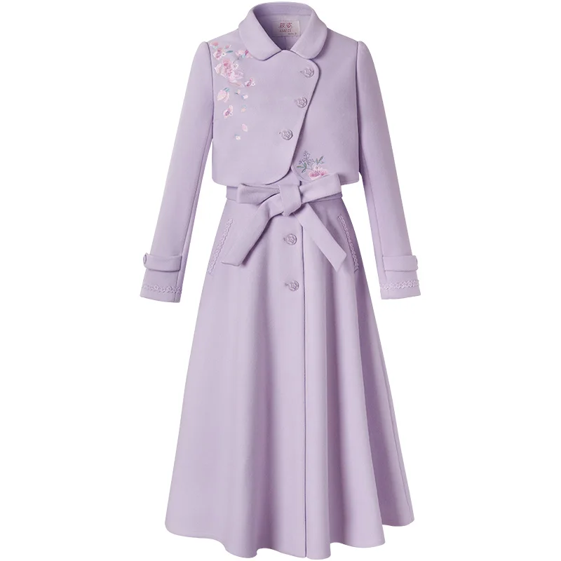2018 Новинки для женщин вышивка фиолетовый Костюмы Элегантная Дамская мода зима