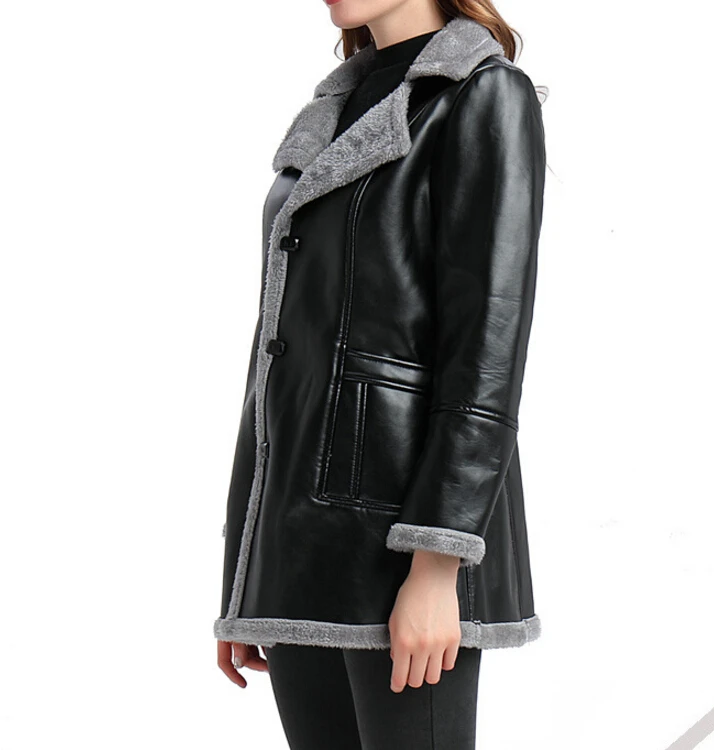 Зимний длинный плащ M-4XL для женщин из искусственной кожи Зимняя теплая верхняя одежда Длинный рукав Меховой мотоцикл 2017 Толстая одежда черная.
