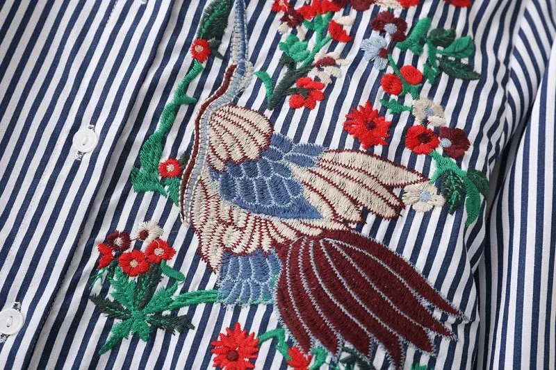 Woman Embroidery Blouse Striped Shirt Cotton Stand Collar Long Sleeve Floral Bird Tops Camisa Feminina |