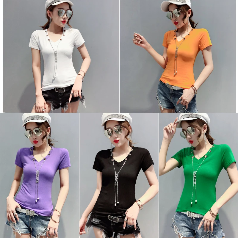 2019 Women summer solid color v-neck fashion chain short-sleeved t-shirt Slim sexy versa Casual Short Tee Top Vest | Женская одежда