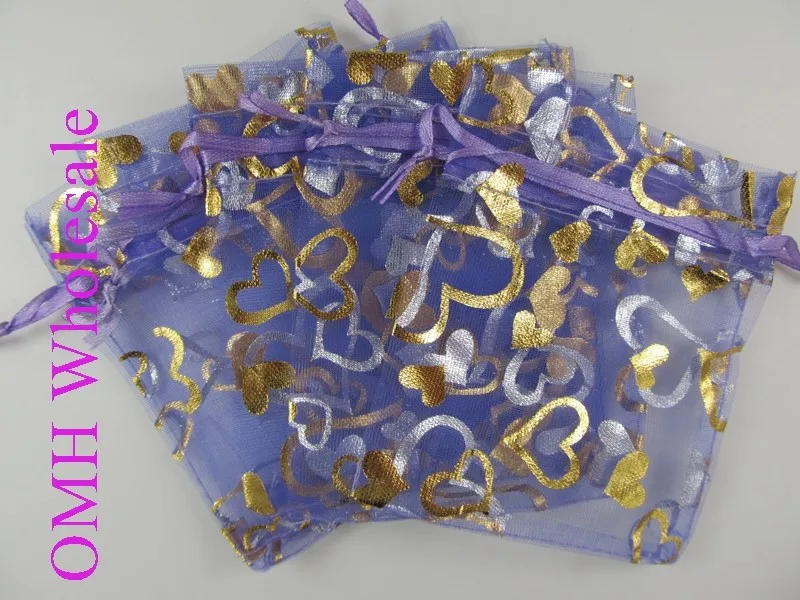 Heart purple 100 шт 7x9 см цветок розы 20 цветов Китайский Рождество/Свадьба вуаль подарочная Сумка из органзы сумки ювелирные изделия упаковка подарочный чехол - Цвет: Heart purple