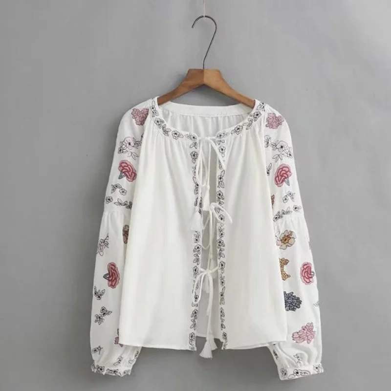 Для женщин S Белый Этническая Цветок Вышивка куртка 2017 Фонари рукавом Пояса