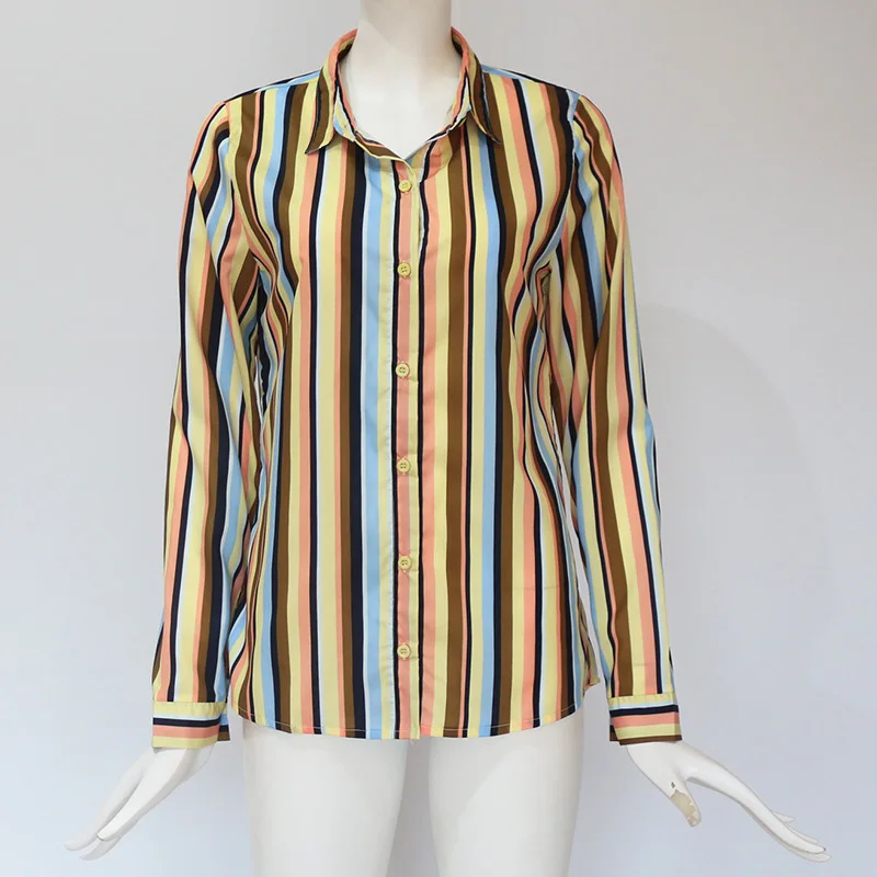 2019 Новая женская модная рубашка с лацканами Повседневная в полоску длинным