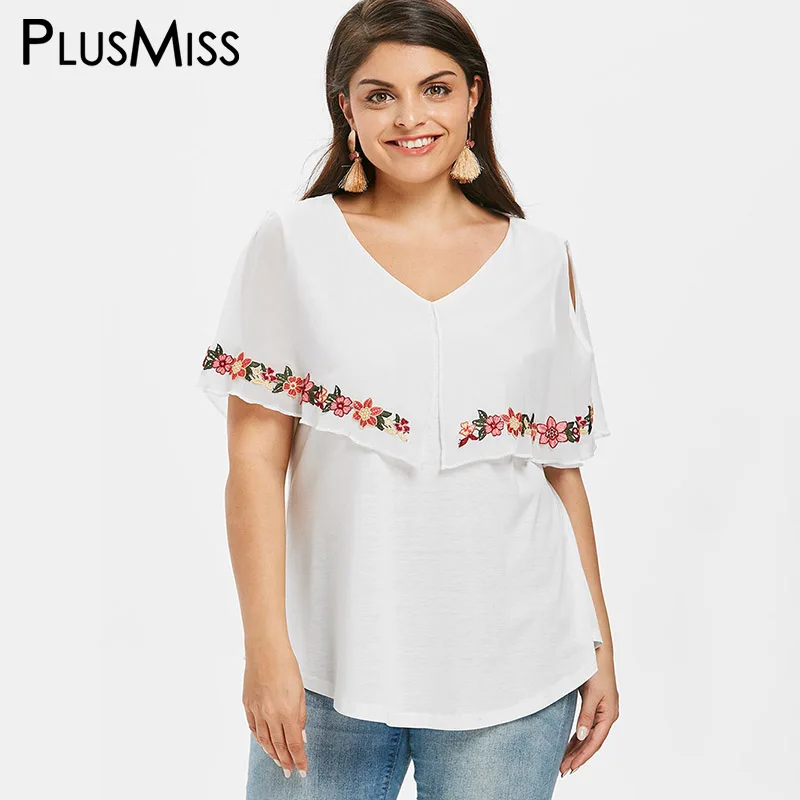 PlusMiss плюс размер 5XL 4XL с открытыми плечами цветочной вышивкой шифоновый топ