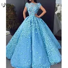 Великолепные Бальные платья небесно-голубого цвета с объемным цветком, роскошные длинные платья для выпускного вечера с жемчугом, вечернее платье с короткими рукавами для выпускного вечера в Саудовской Аравии, Vestidos Longo