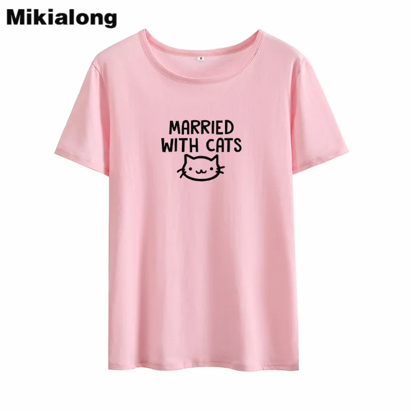 Mikialong женатые с кошками Kawaii женская футболка 2018 летняя черная белая коротким
