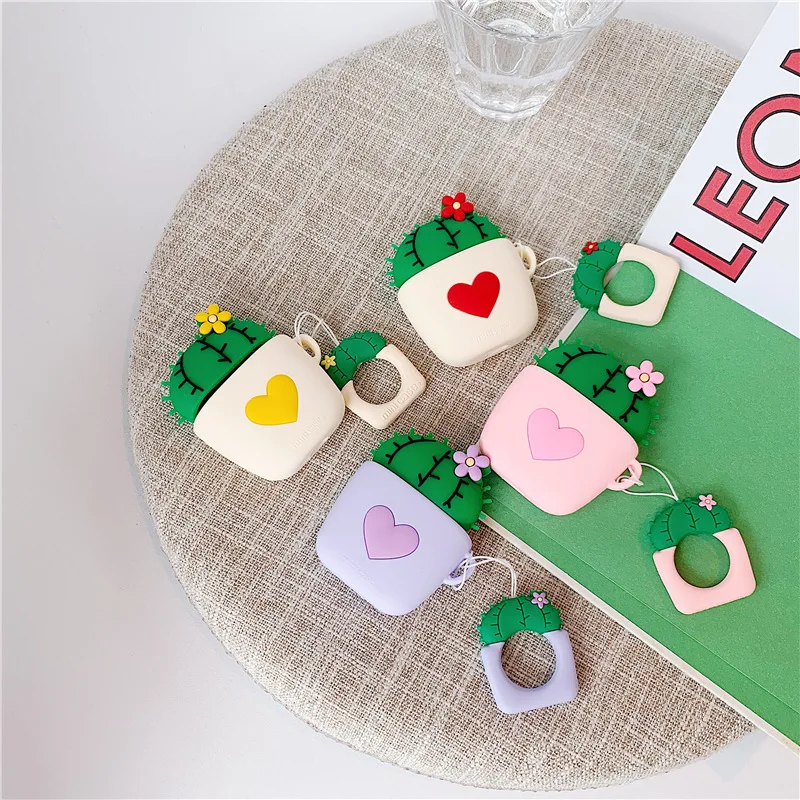 

Silicone Case for Airpods Cute Accessories Bluetooth Earphone Protective Arrying Bag with Finger Ring Strap Cartoon Love Cactus