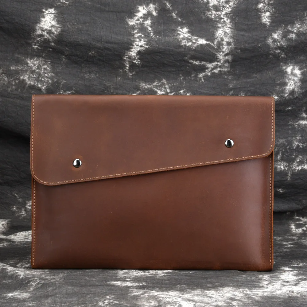 

High Quality Crazy Horse Cowhide Clutch A4 Business Bag Tablet PC Purse Envelope Vintage Men Genuine Leather Handy Briefcase