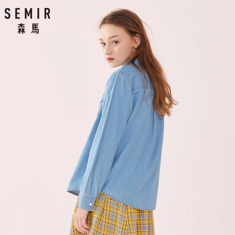 SEMIR Женская клетчатая рубашка из хлопка с воротником, рубашка с вышивкой, зауженная Талия, длинная на спине, пуговицы на манжетах