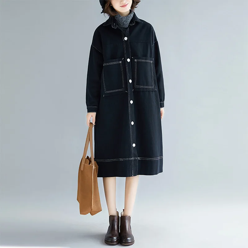 Черный Johnature New Denim Loose Casual Korean Women Coats Autumn Winter Fashion Turn-down Collar Full Sleeve Button Women Trench - Цвет: Черный