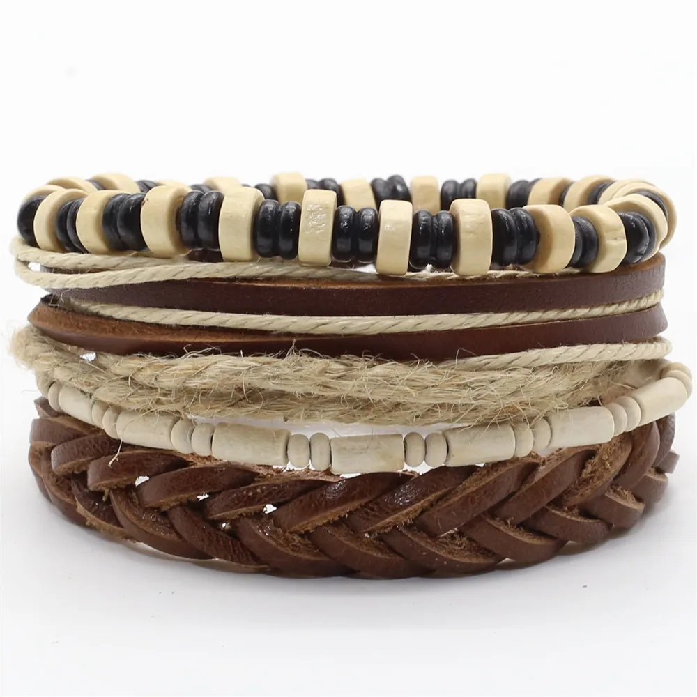 Мужской кожаный браслет в стиле бохо плетеный с подвесками виде крыльев листьев