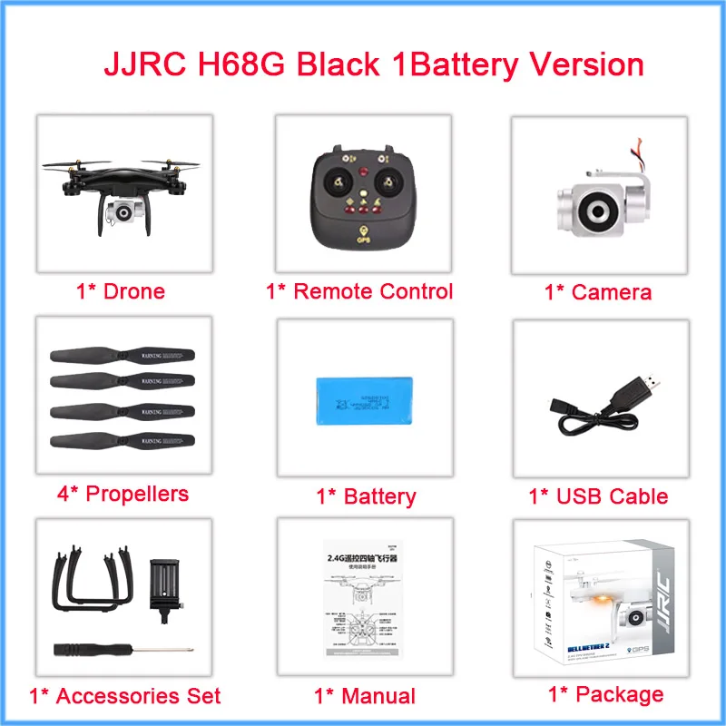 H68G-Black-1Bat JJRC H68G Радиоуправляемый Дрон с камерой HD 1080P Wi-Fi FPV удерживающий высоту Профессиональный Дрон gps FPV Радиоуправляемый вертолет Квадрокоптер с камерой - Цвет: H68G-Black-1Bat