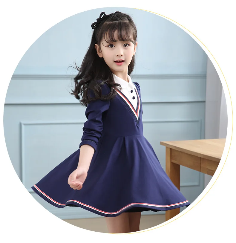 Navy Blue Весна Детские Платья для девочек с длинным рукавом детская одежда принцессы школьная одежда для детей; рубашка с воротником; Платье В лоскутном стиле на возраст 5, 6, 8, 11Y - Цвет: Navy Blue