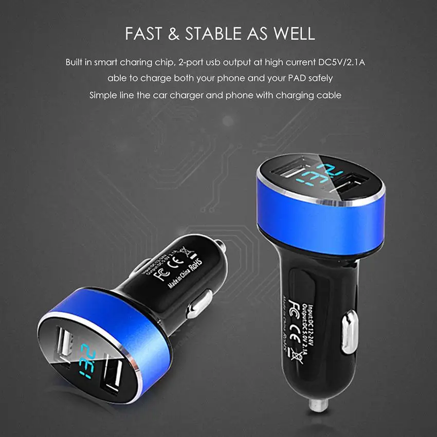 

Best Dual Port USB Car Charger 2.1A LED Light Display Voltage Charging Adapter